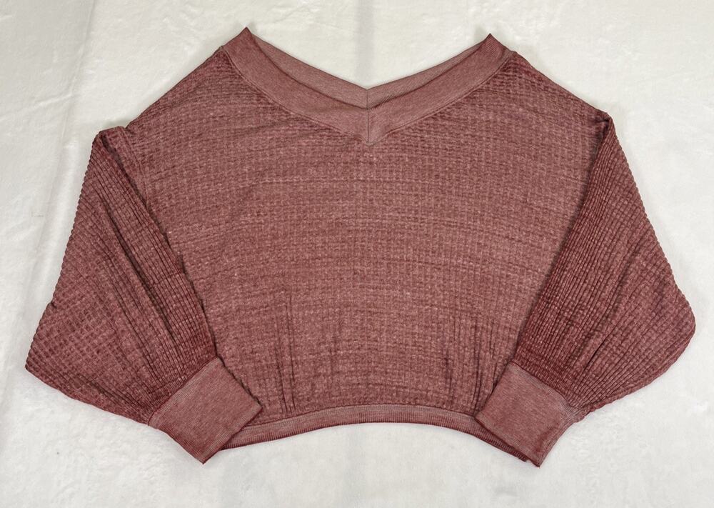 We The Free Shirt Sz Medium Oversized Waffle Knit Maroon V-Neck Long Sleeve FS